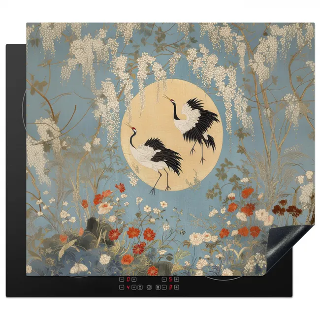 Induction hob cover - Cranes - Moon - Flowers - Blue