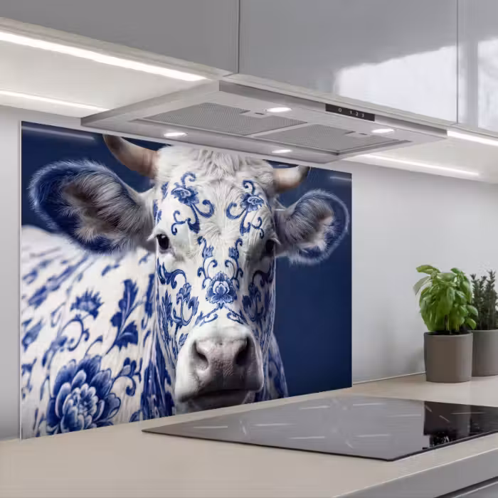 Kitchen splashback for hob - Cow - Delft - Blue - Artistic