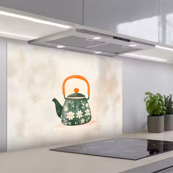 Kitchen splashback for hob - Teapot - Green - Flowers - Orange