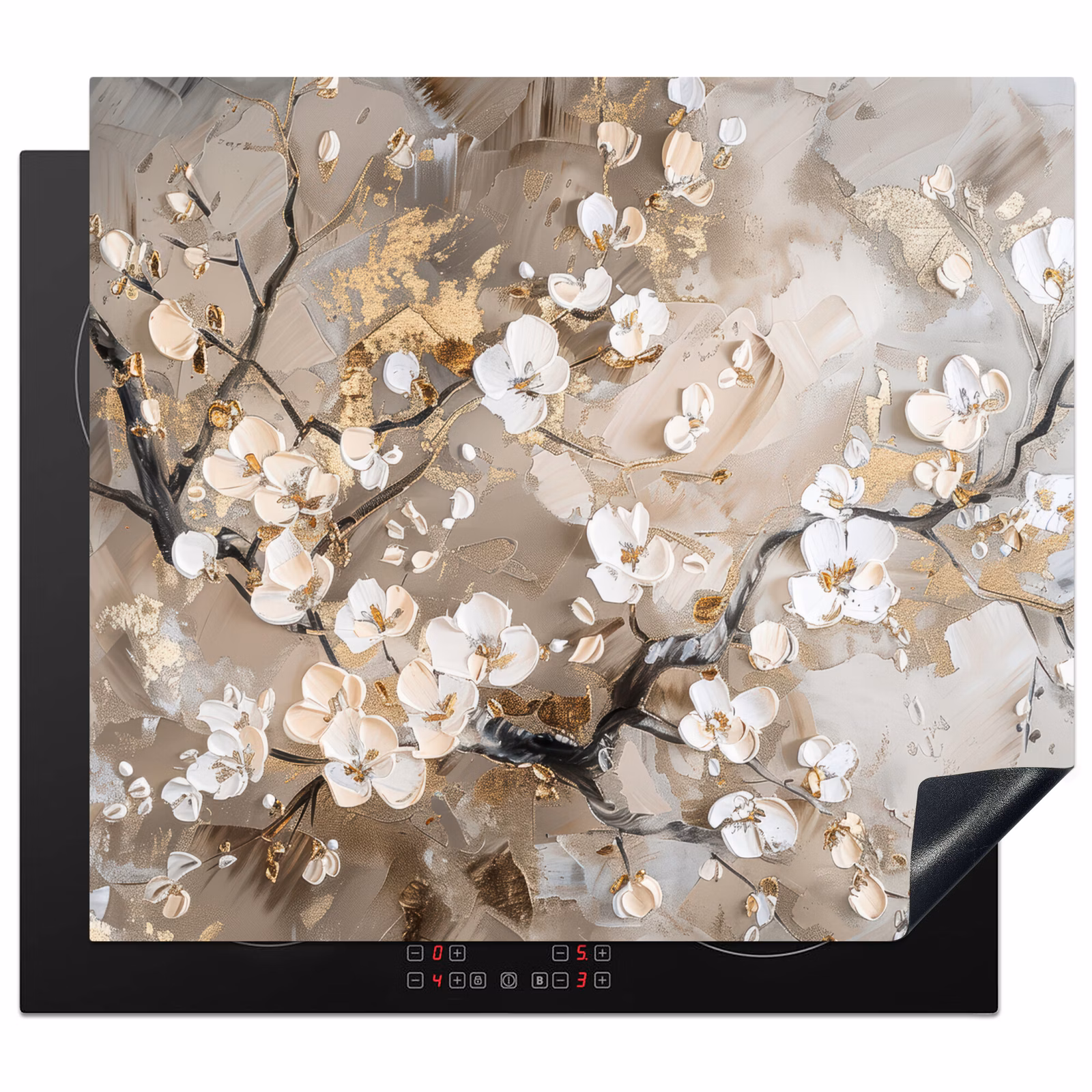 Induction hob protector - Flowers - White - Gold - Beige - Luxury — 1