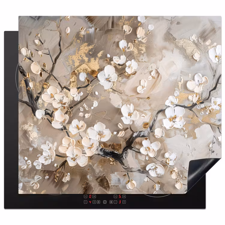Induction hob protector - Flowers - White - Gold - Beige - Luxury — 1