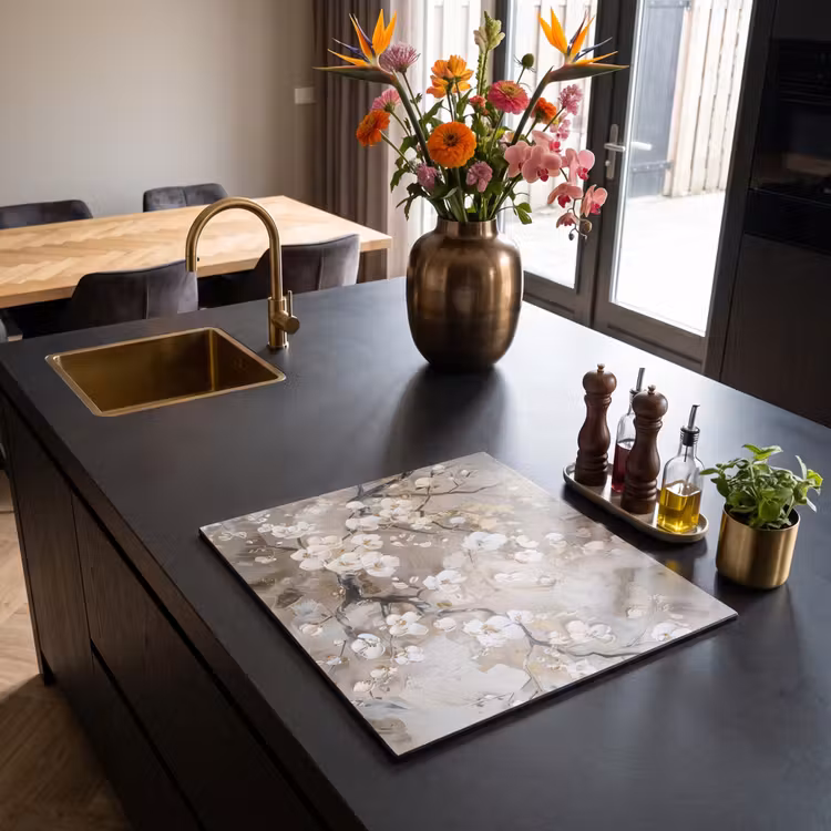 Induction hob protector - Flowers - White - Gold - Beige - Luxury — 2