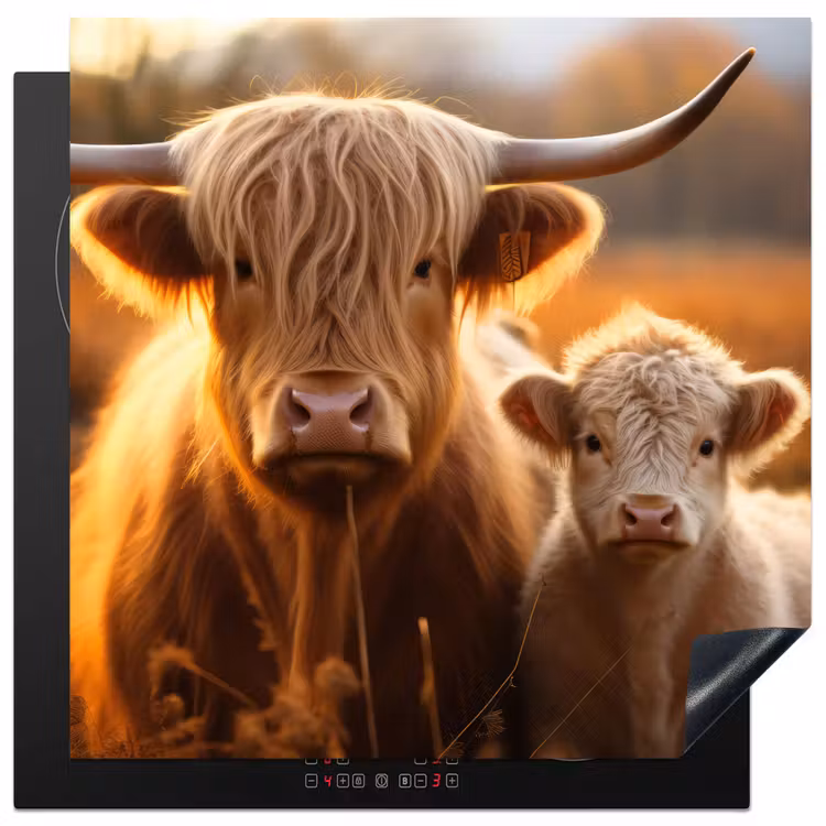 Induction hob protector - Scottish highlander - Calf - Sunset - Grassy field — 1