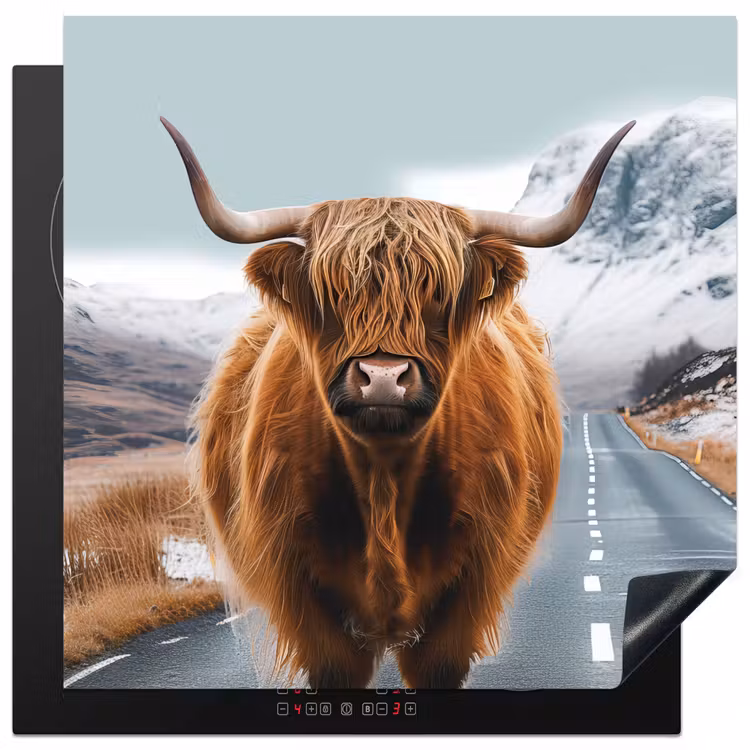 Induction hob protector - Scottish highlander - Mountains - Snow - Road - Cow — 1