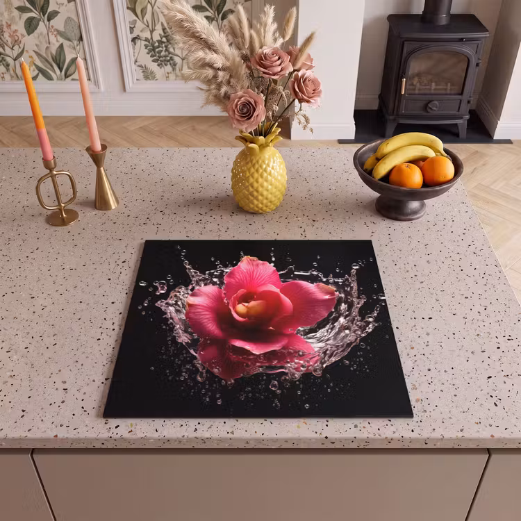 Induction hob protector - Flowers - Pink - Water - Black - Botanical - Nature — 3