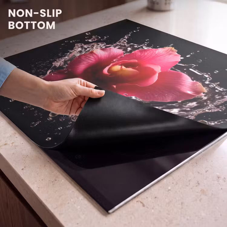Induction hob protector - Flowers - Pink - Water - Black - Botanical - Nature — 5