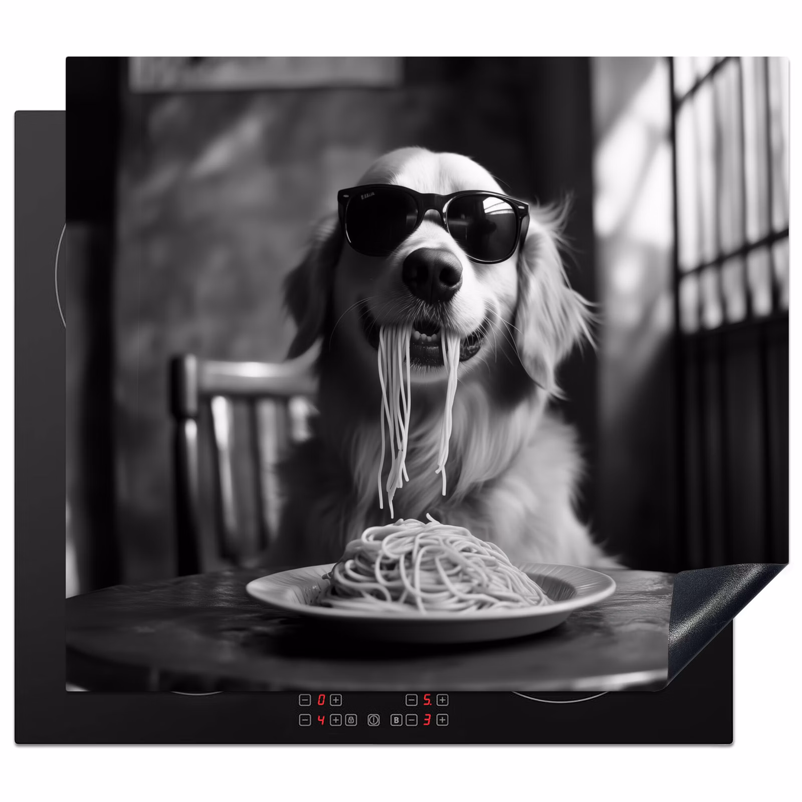 Induction hob protector - Golden Retriever - Dog - Merry - Plate spaghetti - Black - white — 1