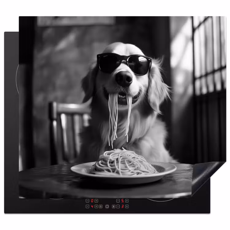 Induction hob protector - Golden Retriever - Dog - Merry - Plate spaghetti - Black - white — 1