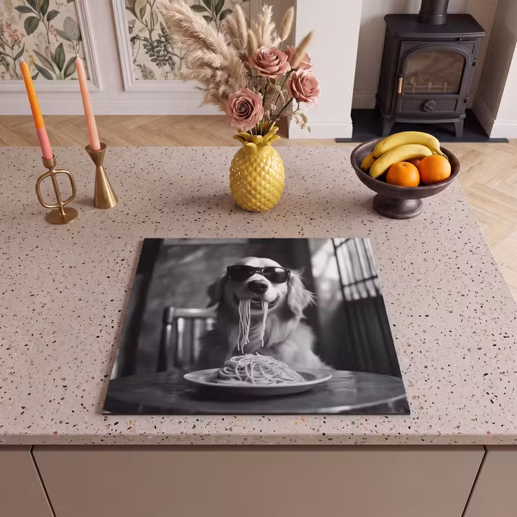 Induction hob protector - Golden Retriever - Dog - Merry - Plate spaghetti - Black - white — 3