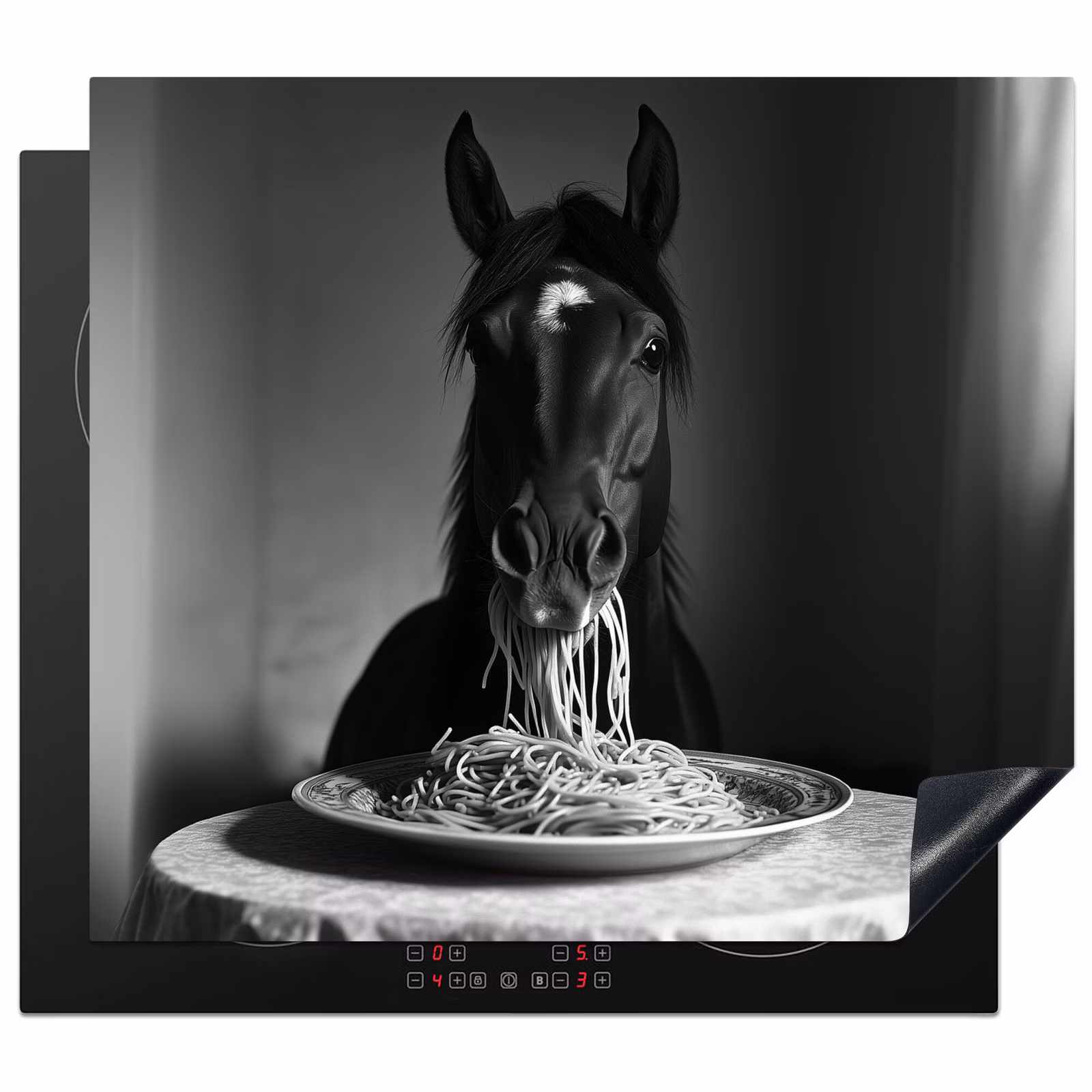 Induction hob protector - Horse - Plate - Pasta - Tablecloth - Black and White - Animals — 1
