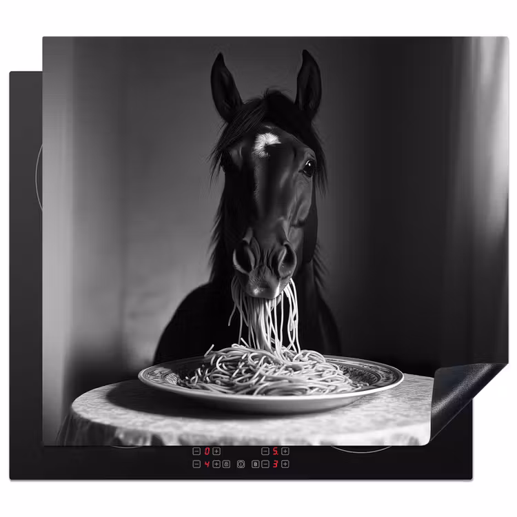 Induction hob protector - Horse - Plate - Pasta - Tablecloth - Black and White - Animals — 1