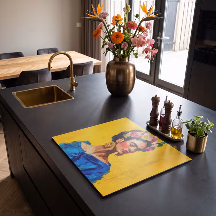 Induction hob protector - Frida Kahlo - Woman - Yellow - Blue - Flowers — 2