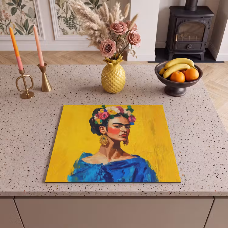 Induction hob protector - Frida Kahlo - Woman - Yellow - Blue - Flowers — 3