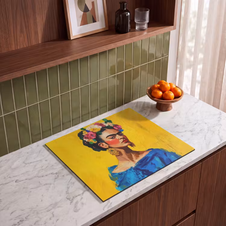 Induction hob protector - Frida Kahlo - Woman - Yellow - Blue - Flowers — 4