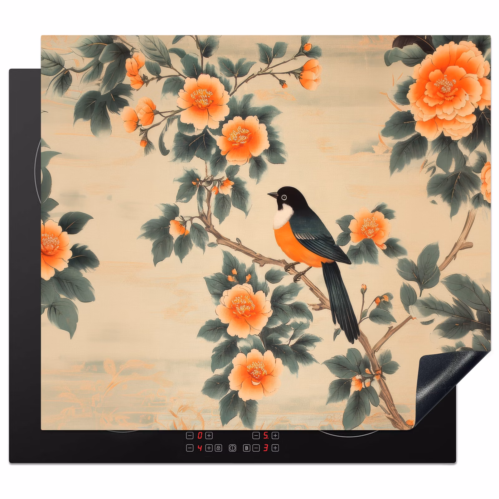 Induction hob protector - Bird - Branch - Flowers - Orange — 1