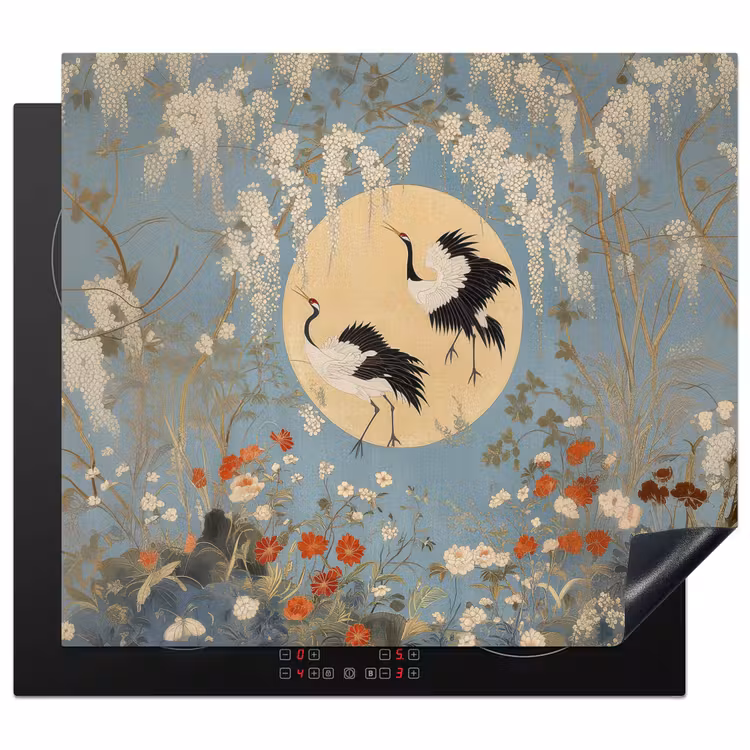 Induction hob protector - Cranes - Moon - Flowers - Blue — 1