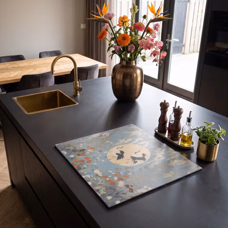 Induction hob protector - Cranes - Moon - Flowers - Blue — 2