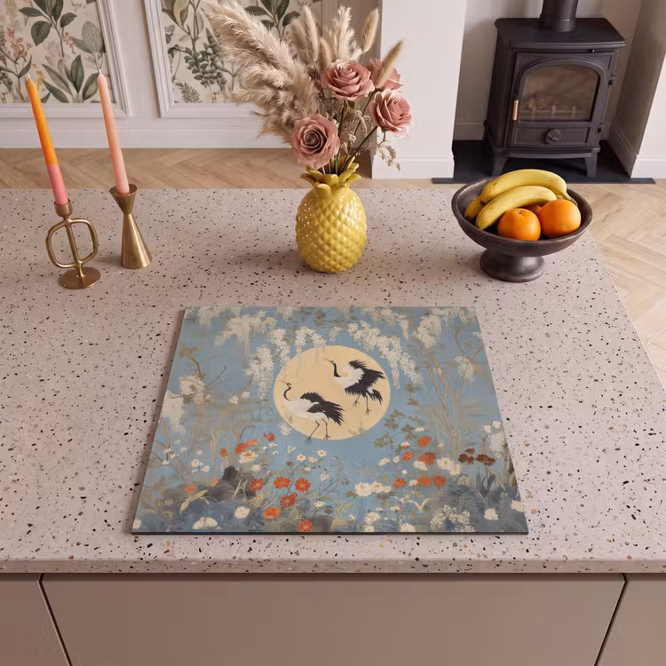 Induction hob protector - Cranes - Moon - Flowers - Blue — 3