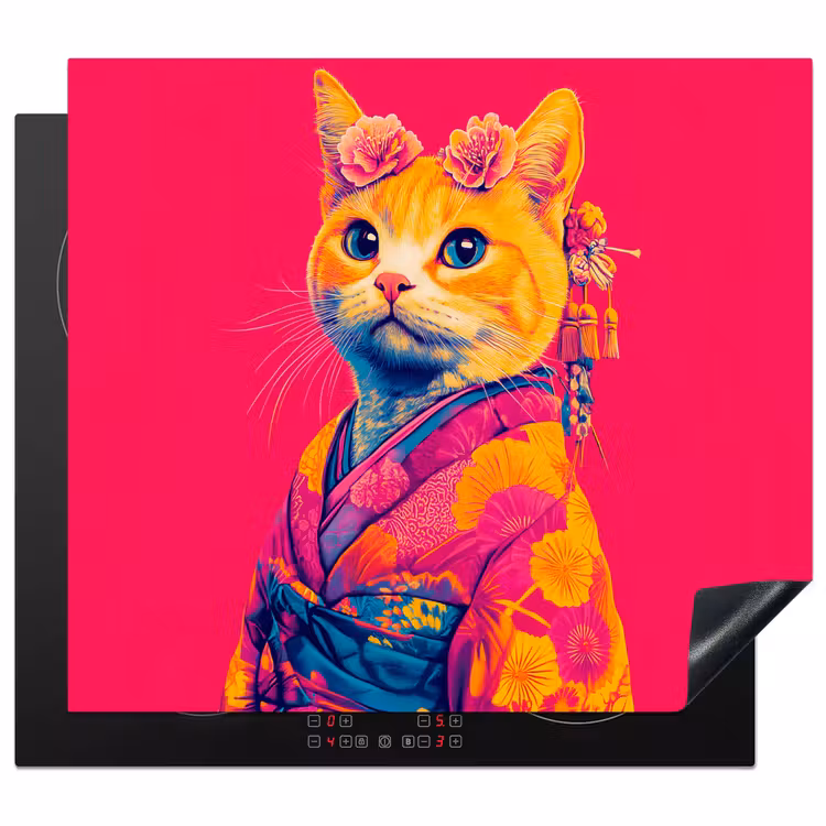 Induction hob protector - Cat - Kimono - Flowers - Pink — 1