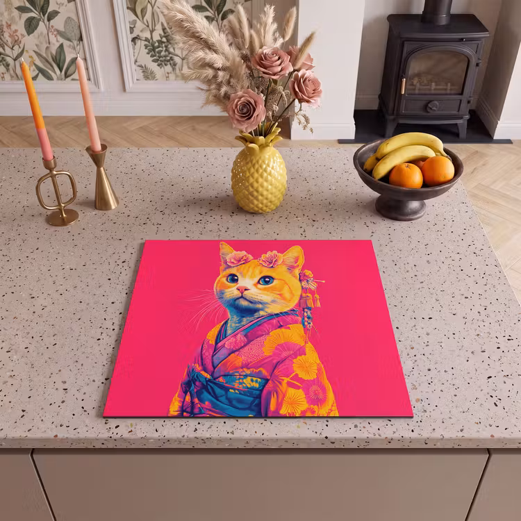 Induction hob protector - Cat - Kimono - Flowers - Pink — 3