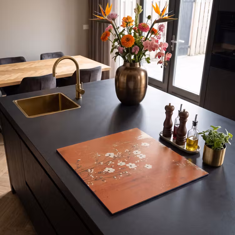 Induction hob protector - Flowers - White - Subtle - Rust color — 2