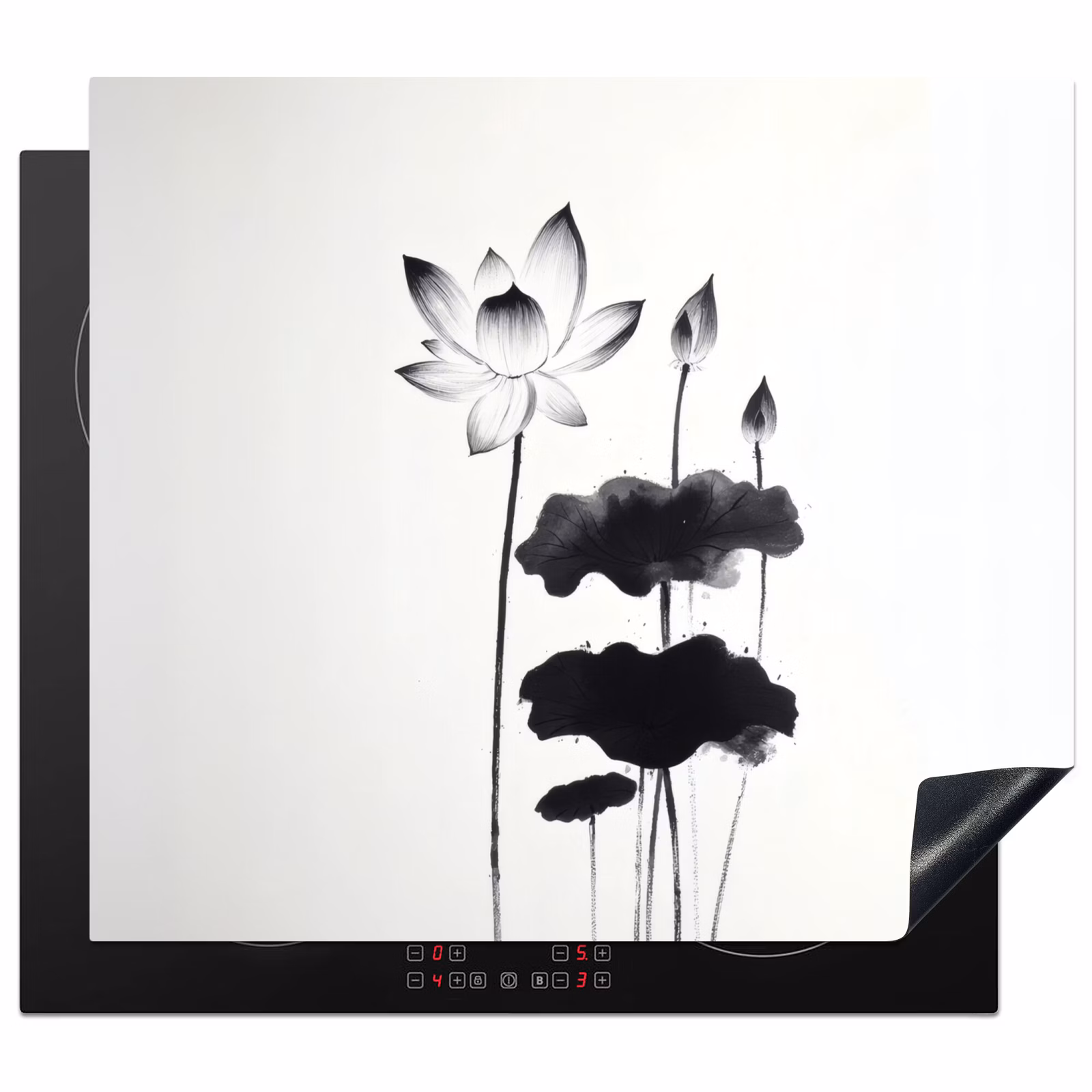 Induction hob protector - Leaves - Black - Lotus flower - Minimalist — 1