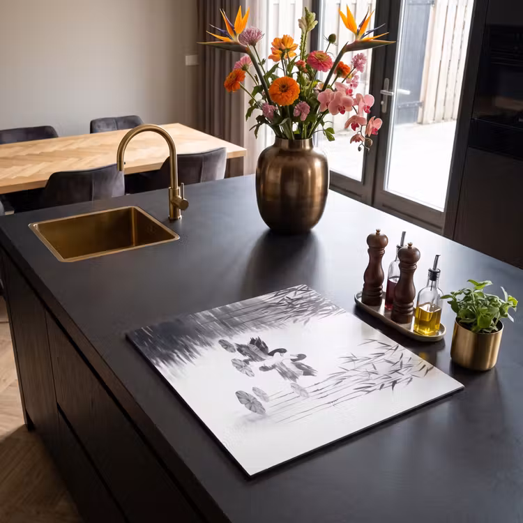 Induction hob protector - Ducks - Water lilies - Cane - Black — 2