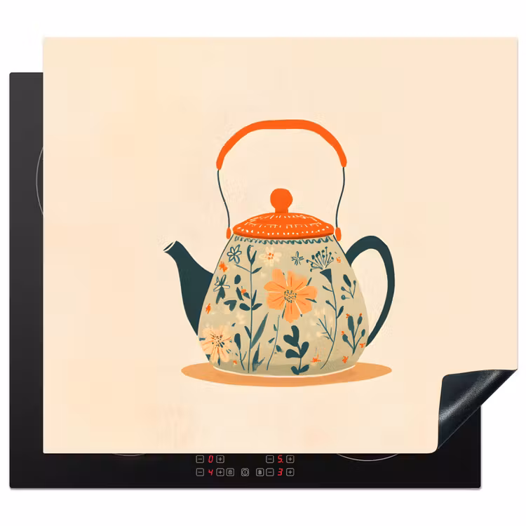 Induction hob protector - Orange - Teapot - Flowers - Leaves — 1
