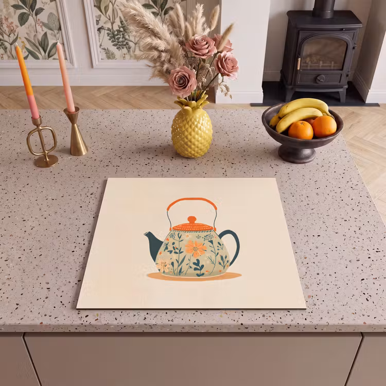 Induction hob protector - Orange - Teapot - Flowers - Leaves — 3
