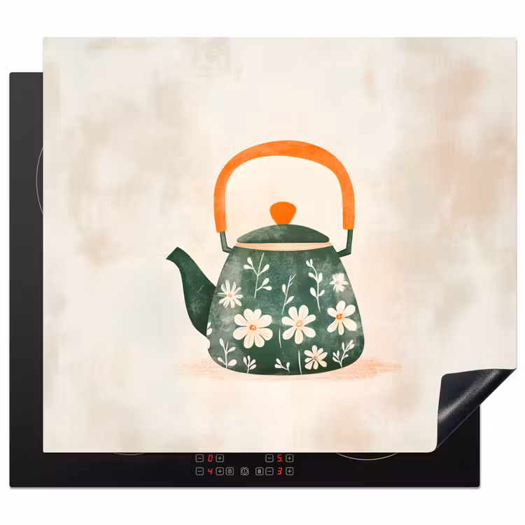 Induction hob protector - Teapot - Green - Flowers - Orange — 1