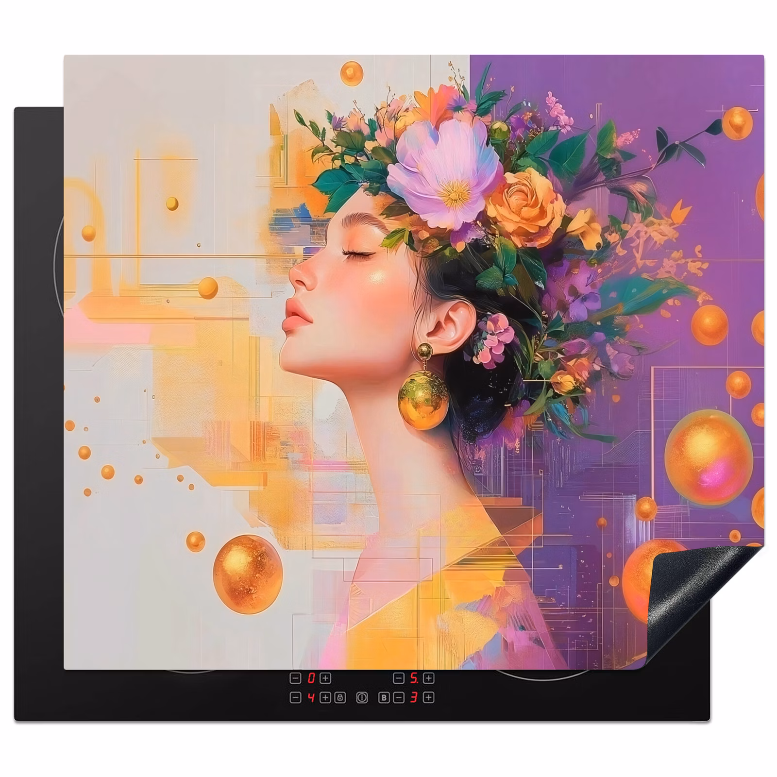 Induction hob protector - Abstract - Woman - Crown of Flowers - Gold — 1