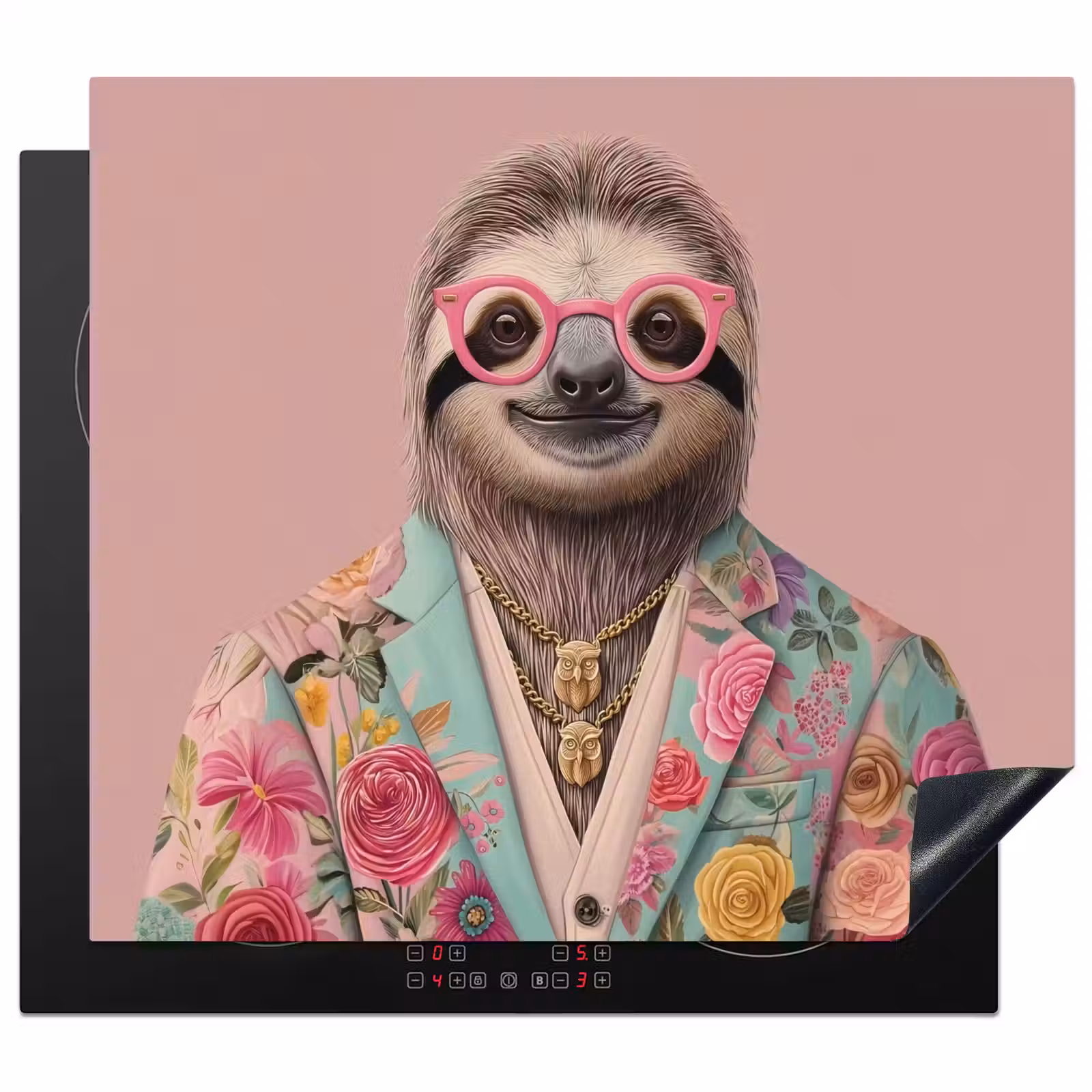Induction hob protector - Sloth - Floral print - Glasses - Pink — 1