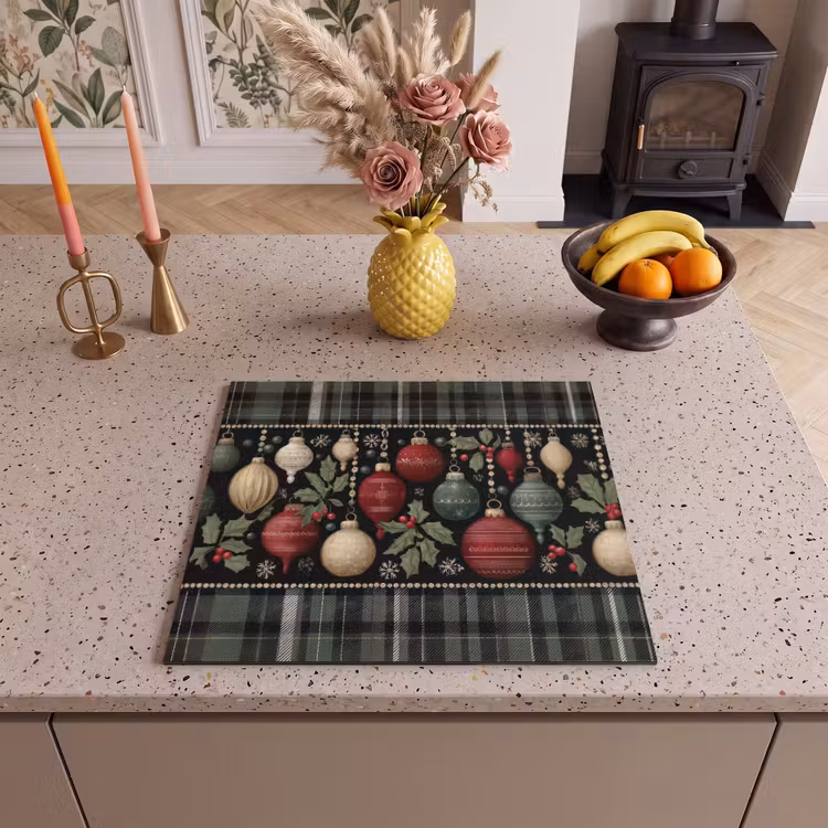 Induction hob protector - Christmas baubles - Red - Holly branches - Pattern — 3
