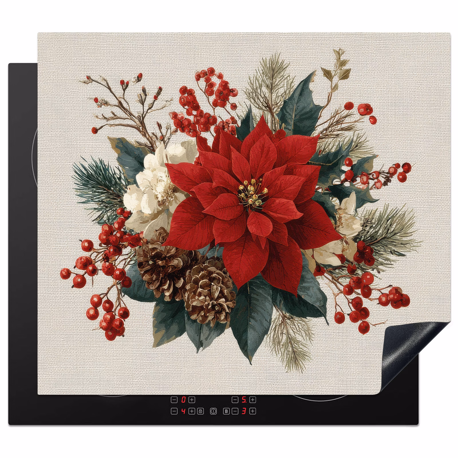 Induction hob protector - Christmas arrangement - Poinsettia - Pine cones - Red — 1