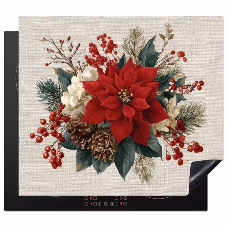 Induction hob protector - Christmas arrangement - Poinsettia - Pine cones - Red — 1
