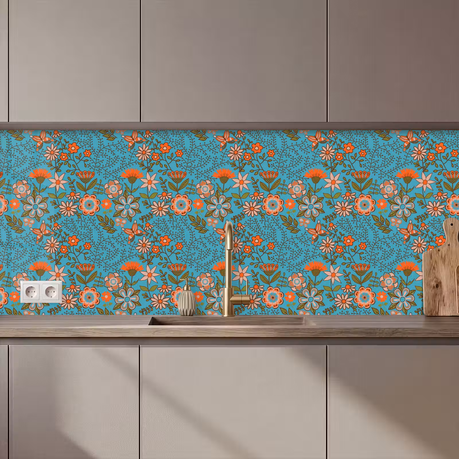 Kitchen splashback - Bohemian - Flowers - Orange - Retro - Design — 1