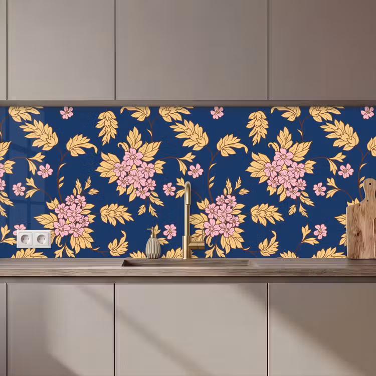 Kitchen splashback - Blossom - Leaves - Pink - Gold - Patterns — 1