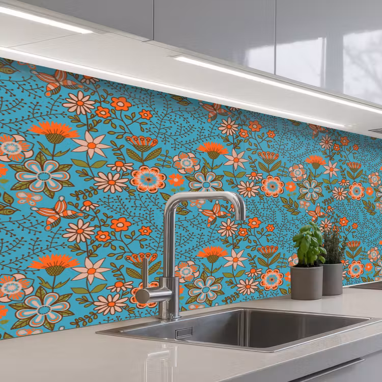 Kitchen splashback - Bohemian - Flowers - Orange - Retro - Design — 2