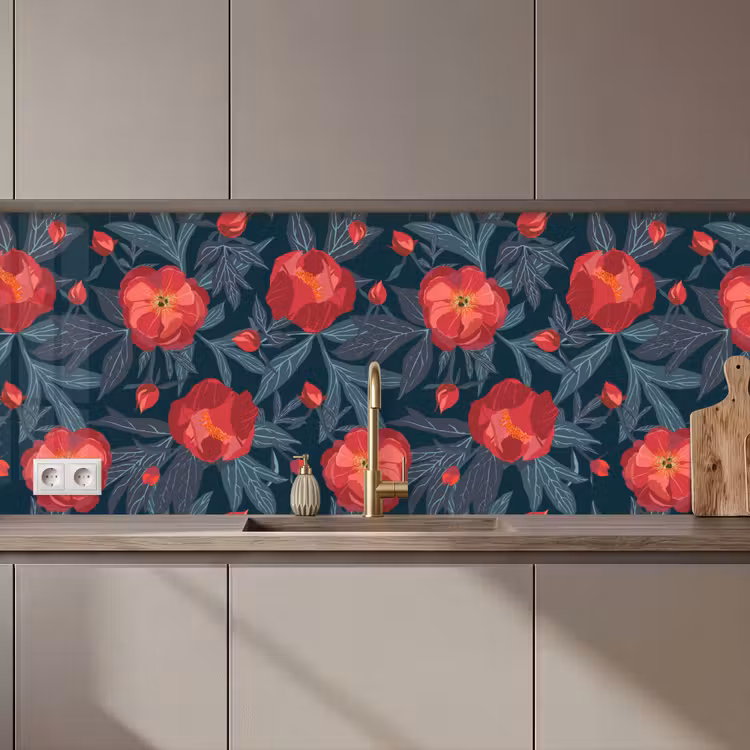 Kitchen splashback - Flowers - Red - Leaves - Patterns — 1