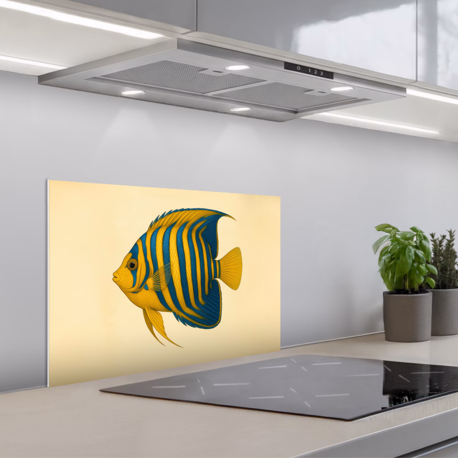 Kitchen splashback for hob - Bright yellow - fish - stripes - fins — 1