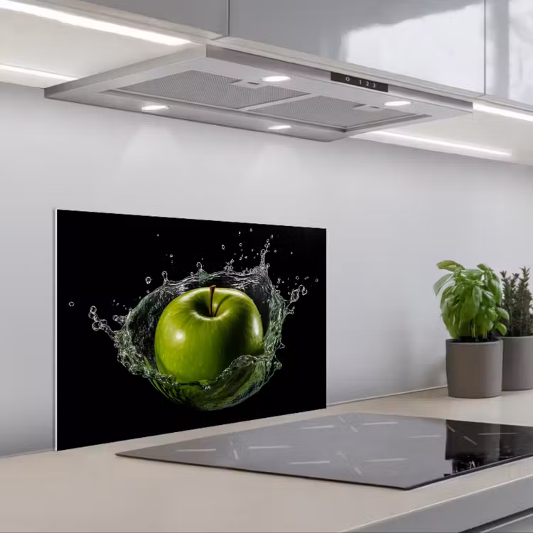 Kitchen splashback for hob - Apple - Green - Fruit - Water - Black — 1