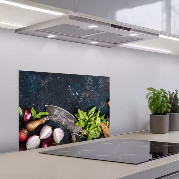 Kitchen splashback for hob - Chef's Knife and Fresh Ingredients — 1