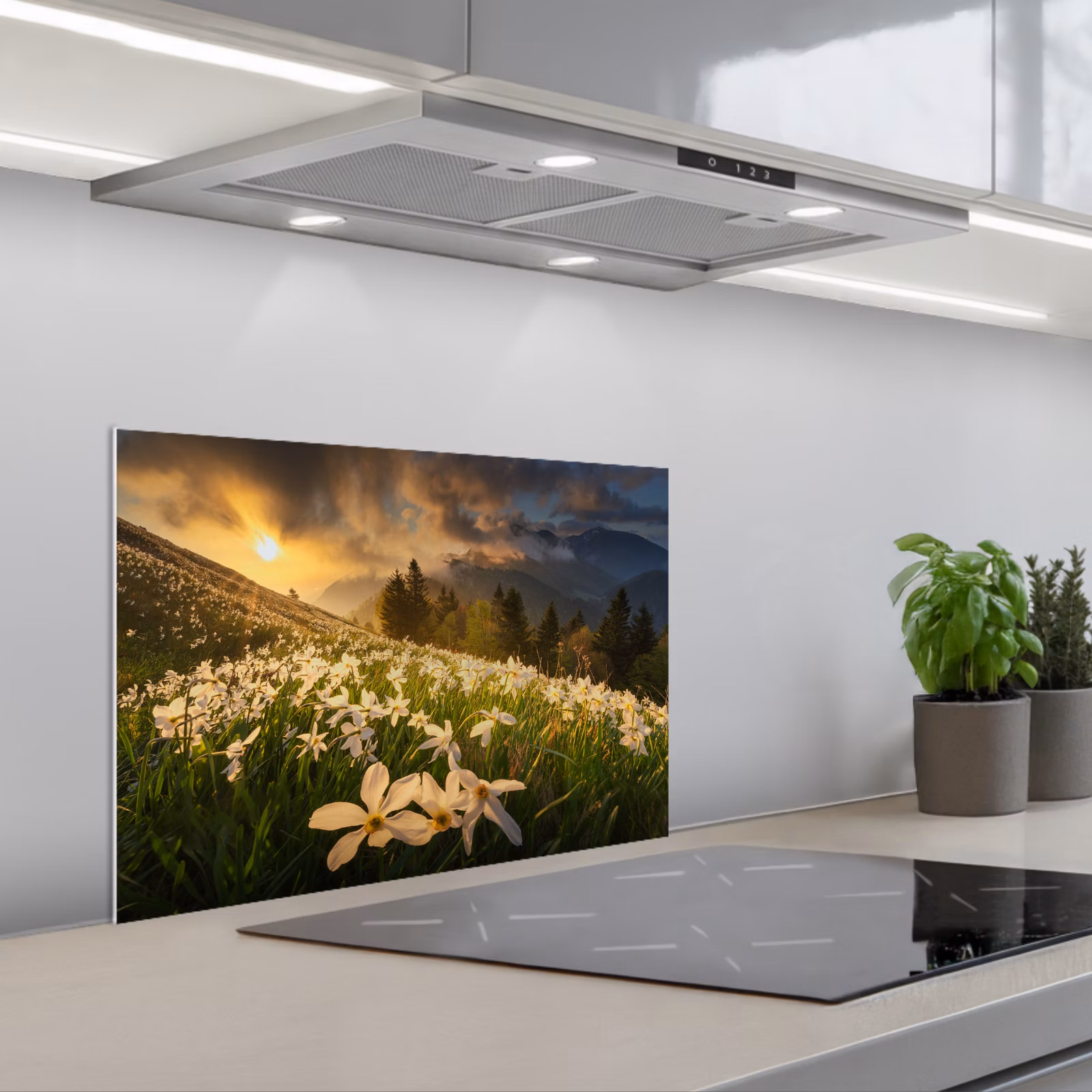 Kitchen splashback for hob - Field of flowers - Hills - Sunset - Mountain - Nature - White - Hills — 1