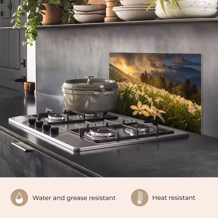 Kitchen splashback for hob - Field of flowers - Hills - Sunset - Mountain - Nature - White - Hills — 2