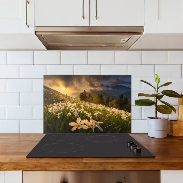 Kitchen splashback for hob - Field of flowers - Hills - Sunset - Mountain - Nature - White - Hills — 3