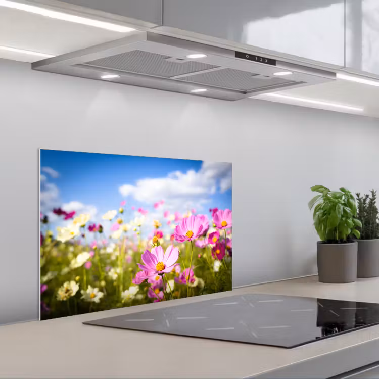 Kitchen splashback for hob - Flowers - Meadow - Purple - Grass - White - Clouds - Blue — 1