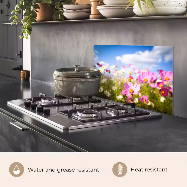 Kitchen splashback for hob - Flowers - Meadow - Purple - Grass - White - Clouds - Blue — 2