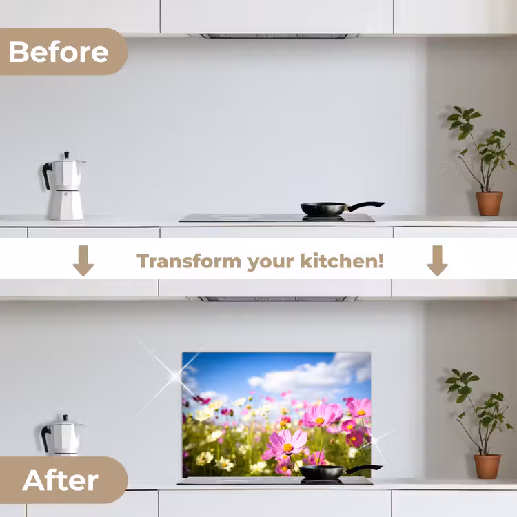 Kitchen splashback for hob - Flowers - Meadow - Purple - Grass - White - Clouds - Blue — 7