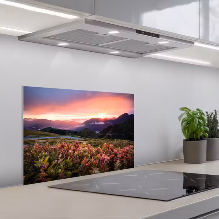 Kitchen splashback for hob - Flowers - Mountains - Landscape - Night - Sky - Pink — 1