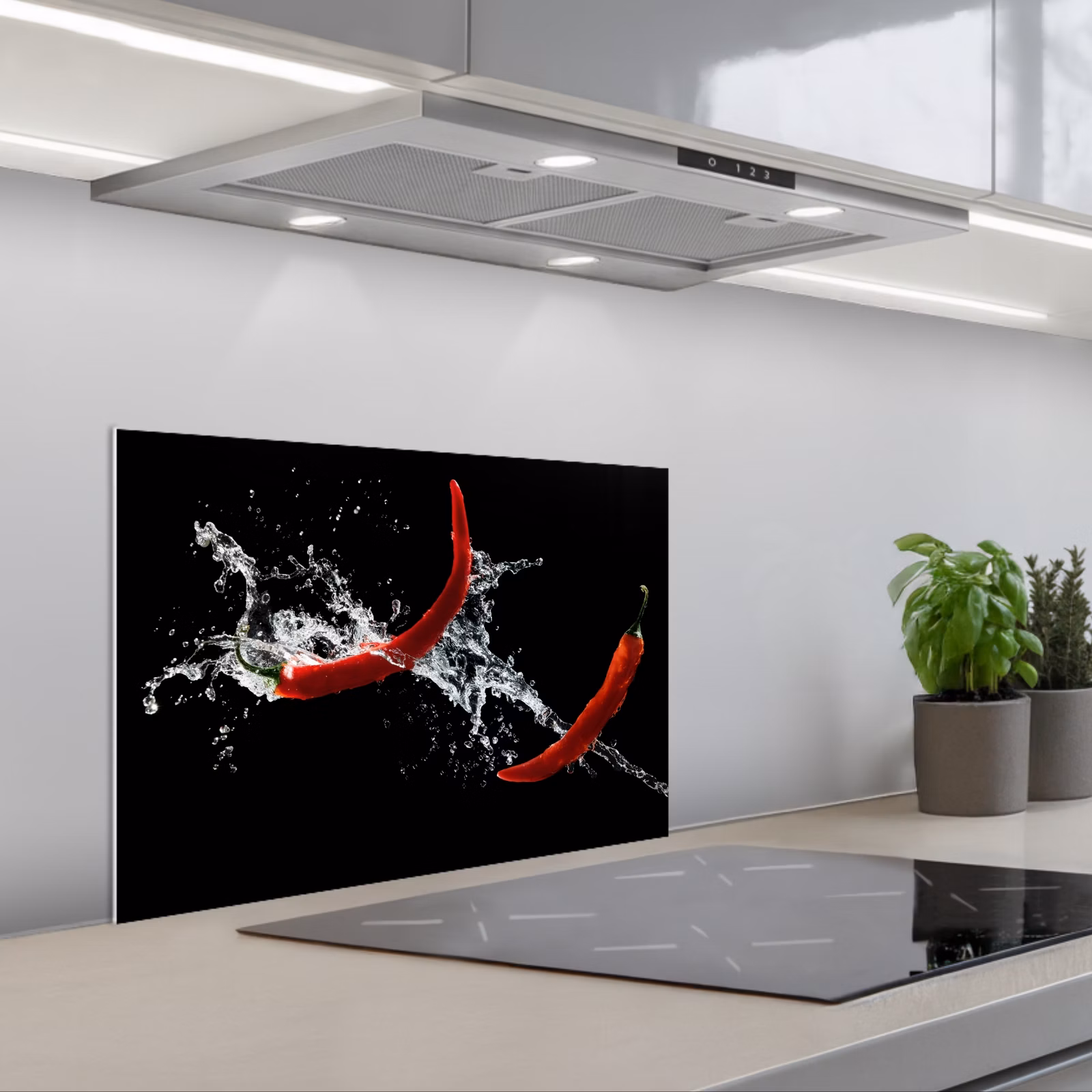 Kitchen splashback for hob - Chili Pepper - Still Life - Water - Black - Red — 1